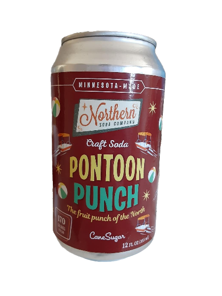 Northern soda company 'pontoon punch' can with pontoon boats and beach balls on the front