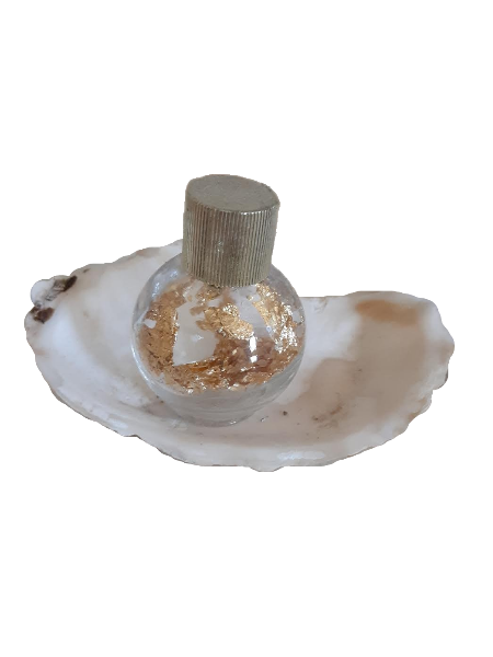 small bottle of fool's gold sitting on half of a mussel shell
