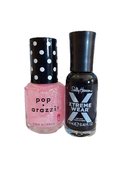 bubblegum pink sparkly pop*arazzi brand nail polish, black Sally Hansen brand nail polish