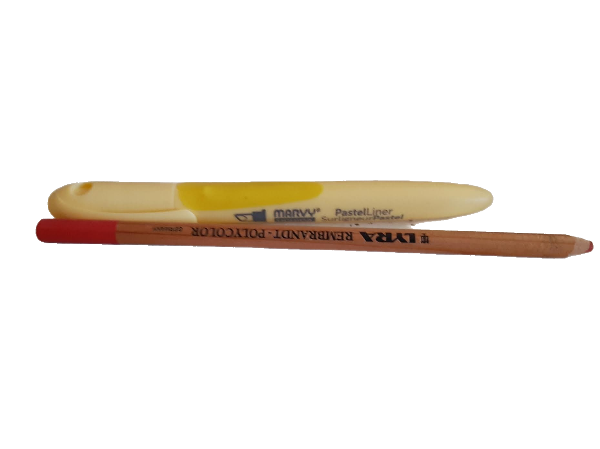red colored pencil and yellow highlighter