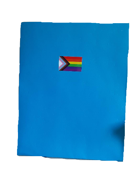blue folder with updated pride flag sticker on it