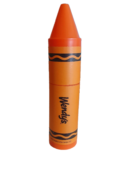 orange plastic container that looks like a crayon with Wendy's logo on it