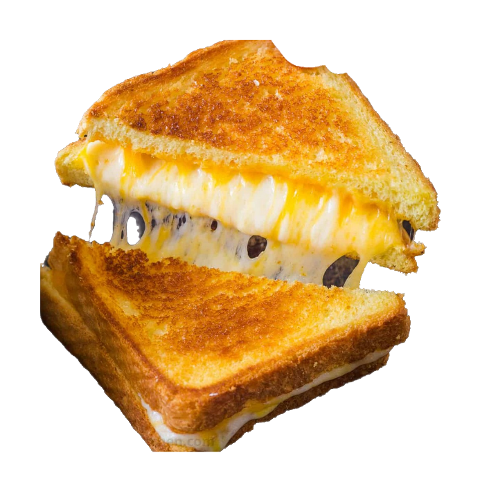 two halves of a grilled cheese sandwich with cheese stretching between them